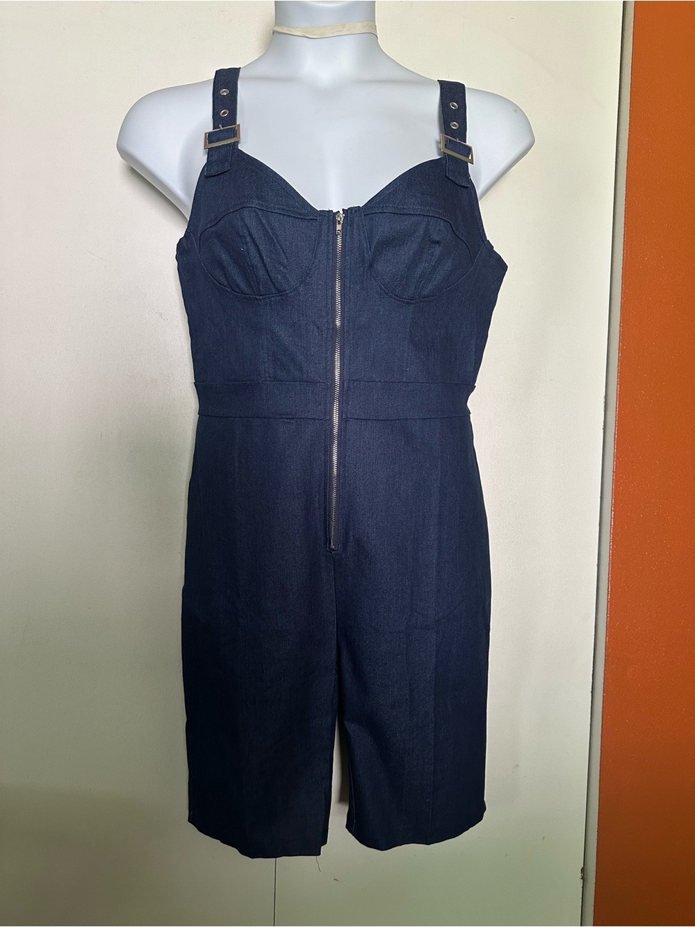 Dark Blue Denim Zip-Front romper